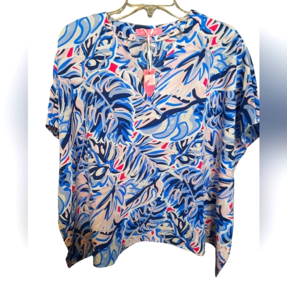 NWT Simple Southern Small Women's Blue and Pink Drape Multicolor Top/Coverup - Picture 1 of 16